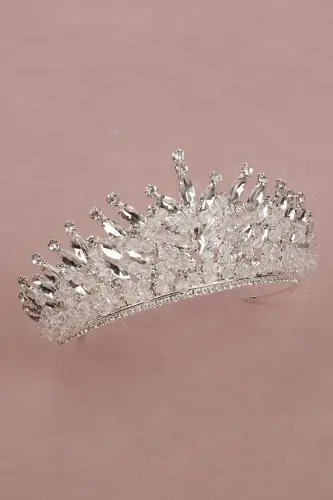 Silver Bridal Henna Wedding Crown with Crystal Stone and Bead Decoration - 3