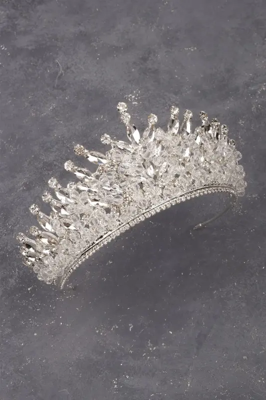 Silver Bridal Henna Wedding Crown with Crystal Stone and Bead Decoration - 6