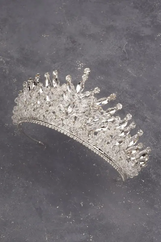 Silver Bridal Henna Wedding Crown with Crystal Stone and Bead Decoration - 8