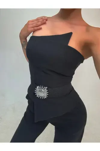 Silver Buckle Interlock Elastic Women's Belt, Jacket Belt, Shirt Belt, Dress Belt-Black - FIORI (1)