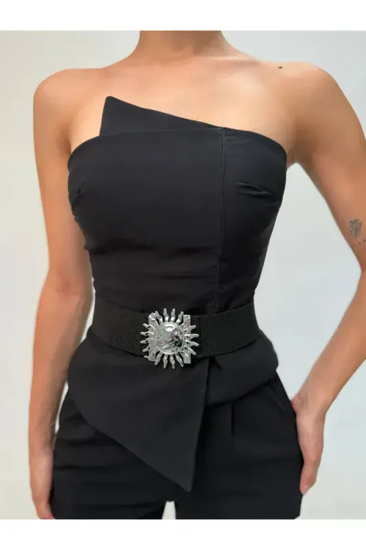 Silver Buckle Interlock Elastic Women's Belt, Jacket Belt, Shirt Belt, Dress Belt-Black - 3