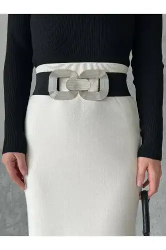 Silver Buckle Interlock Elastic Women's Belt, Jacket Belt, Shirt Belt, Dress Belt-Black - FIORI (1)