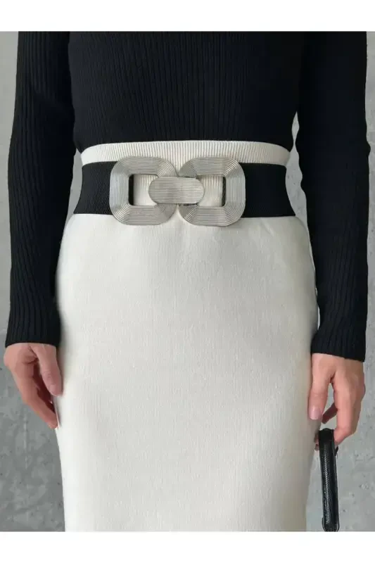 Silver Buckle Interlock Elastic Women's Belt, Jacket Belt, Shirt Belt, Dress Belt-Black - 2