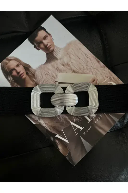 Silver Buckle Interlock Elastic Women's Belt, Jacket Belt, Shirt Belt, Dress Belt-Black - 6