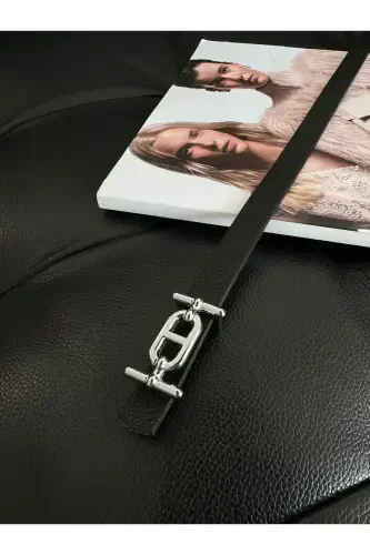 Silver Buckle Skinny Women's Belt, Pants Belt, Shirt Belt, Jacket Belt-Black - FIORI (1)