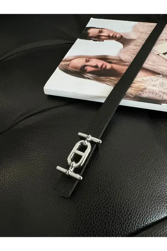 Silver Buckle Skinny Women's Belt, Pants Belt, Shirt Belt, Jacket Belt-Black - 2