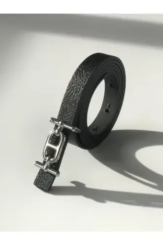 Silver Buckle Skinny Women's Belt, Pants Belt, Shirt Belt, Jacket Belt-Black - 4