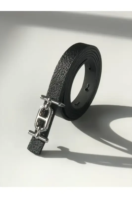 Silver Buckle Skinny Women's Belt, Pants Belt, Shirt Belt, Jacket Belt-Black - 4