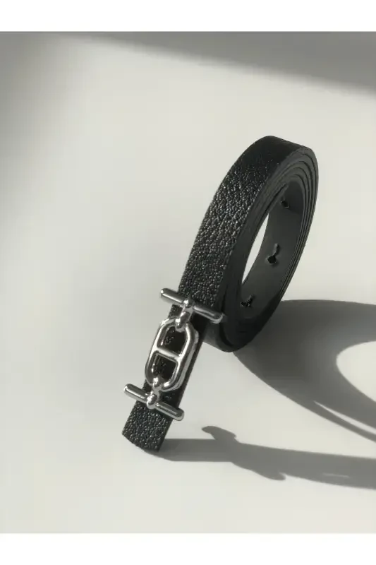 Silver Buckle Skinny Women's Belt, Pants Belt, Shirt Belt, Jacket Belt-Black - 5