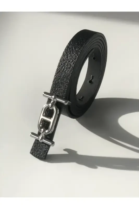 Silver Buckle Skinny Women's Belt, Pants Belt, Shirt Belt, Jacket Belt-Black - 6