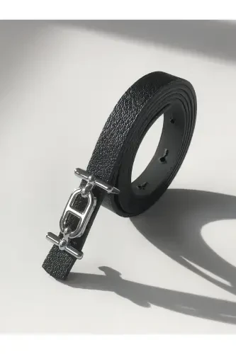 Silver Buckle Skinny Women's Belt, Pants Belt, Shirt Belt, Jacket Belt-Black - 7