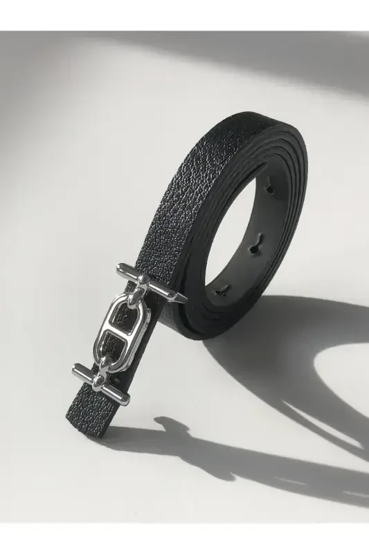 Silver Buckle Skinny Women's Belt, Pants Belt, Shirt Belt, Jacket Belt-Black - 7