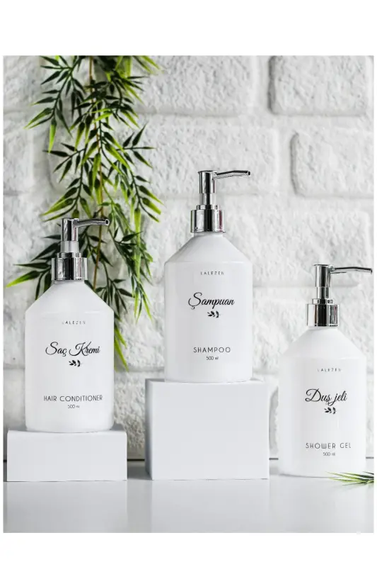 Silver Capped 3 Piece Shampoo Conditioner Shower Gel Labeled White Bottle 500 Ml - Gumus sds - 1