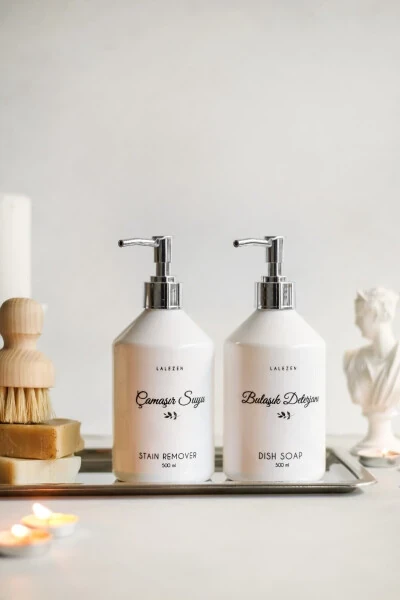 Silver Lidded Bleach-Dishwashing Detergent Labeled Plastic Bottle 500 Ml - LALEZEN HOME