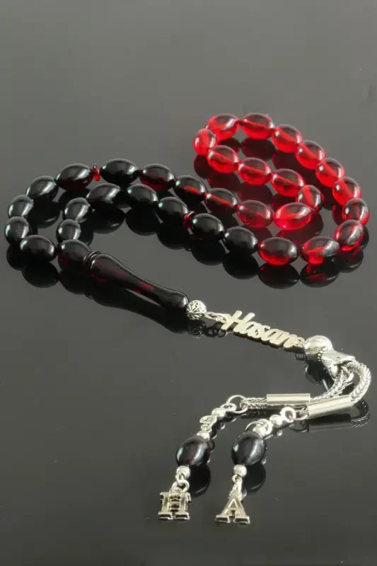 Silver Name Rosary Fire Amber Lettered Rosary Specify Name in Question & Answer Section-Red Black - TESBIH OTAĞI