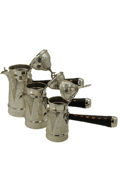 Silver Plated Embroidered 3-Piece Copper Mırra Coffee Pot Set - 7