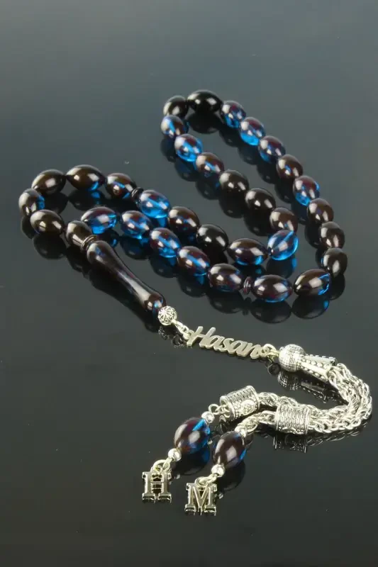 Silver Rosary Fire Amber Lettered Rosary Specify Name From Question & Answer Section-Blue Black - TESBIH OTAĞI