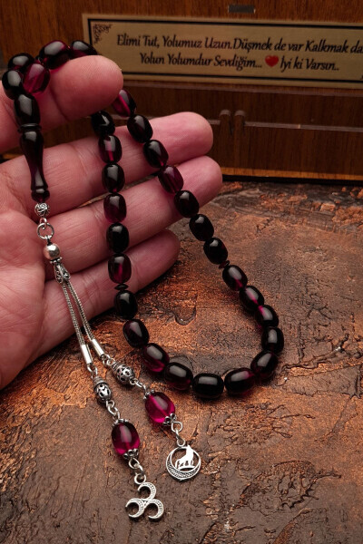 Silver Tassel Gray Wolf and 3 Crescent Moon Figures Red Black Fire Amber Tesbih - OTTOTESBİH