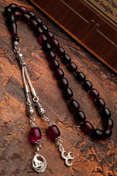 Silver Tassel Gray Wolf and 3 Crescent Moon Figures Red Black Fire Amber Tesbih - OTTOTESBİH (1)