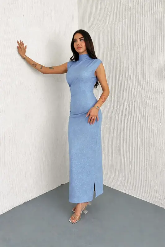 Sim Detailed Draped Evening Dress - Blue - 2