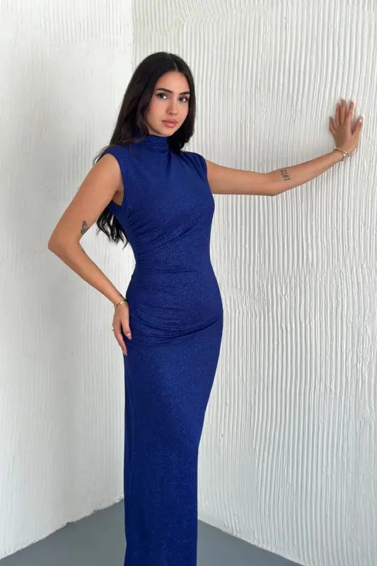 Sim Detaylı Drapeli Abiye Elbise-Mavi - THE ROBI