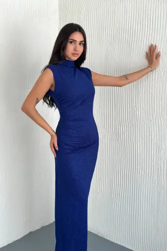 Sim Detaylı Drapeli Abiye Elbise-Mavi - 1