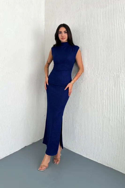 Sim Detaylı Drapeli Abiye Elbise-Mavi - 5