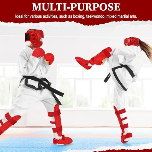 Simgoing 5 Parça Kırmızı Sparring Ekipman Seti 1 Parça Boks Başlığı Güvenlik Kaskı 2 Parça Karate Eldiveni 2 Parça Karate Baldır Koruyucu ve Karate Ayakkabıları Boks Ekipmanları Yeni Başlayan Çocuk Yetişkin Koruyucu Antrenman - 5