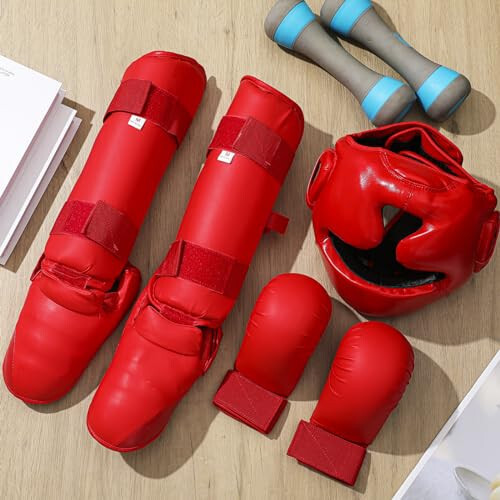 Simgoing 5 Parça Kırmızı Sparring Ekipman Seti 1 Parça Boks Başlığı Güvenlik Kaskı 2 Parça Karate Eldiveni 2 Parça Karate Baldır Koruyucu ve Karate Ayakkabıları Boks Ekipmanları Yeni Başlayan Çocuk Yetişkin Koruyucu Antrenman - 6