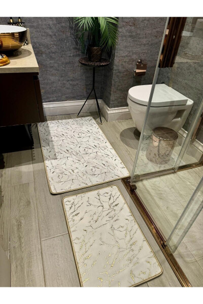 Simli Bambu Kaymaz Deri Taban Toz Leke Tutmaz 2li Set Klozet Banyo Paspas Takımı-Gold - YTR HOME