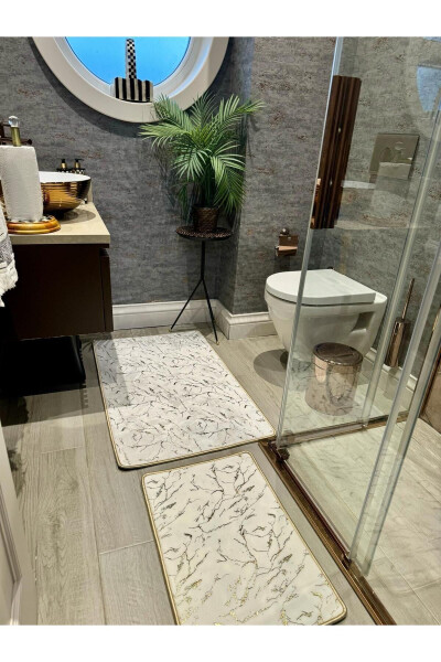 Simli Bambu Kaymaz Deri Taban Toz Leke Tutmaz 2li Set Klozet Banyo Paspas Takımı-Gold - YTR HOME (1)