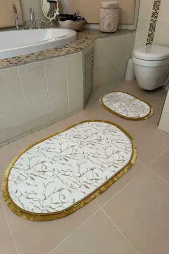 Simli Bambuk Sirpanmaydigan Charm Teri Taglik Chang'i Tuproq va Dog'lardan Himoya Qiluvchi 2 Donali Hojatxona va Hammam Kilimi To'plami Oval - YTR HOME (1)