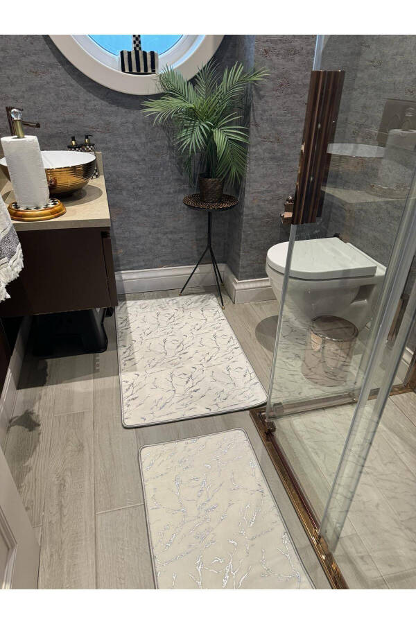 Simli Bambuk Sirpanmaydigan Charm Teri Taglik Changni tutmaydigan 2 dona Klozet Hammam gilam to'plami - 7