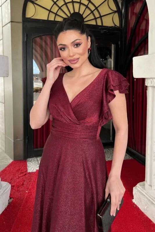 Simli Crepe Fabric Shoulder Ruffled Evening Dress - BURGUNDY - 9