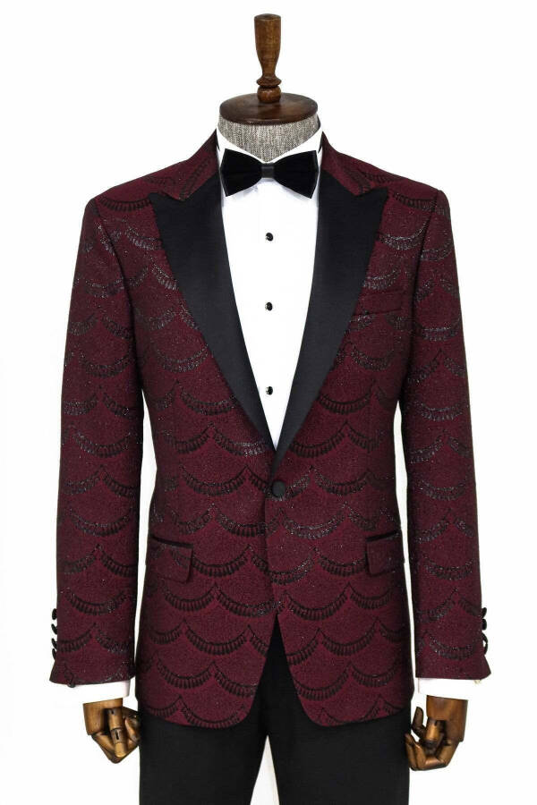 Simli Desenli Bordo Erkek Smokin Ceketi - Wessi - Bordo - 1