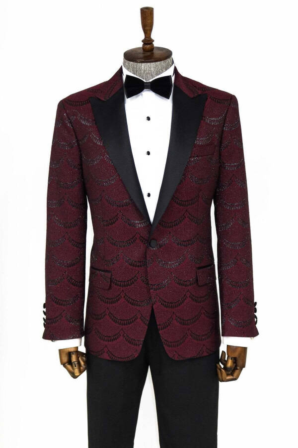 Simli Desenli Bordo Erkek Smokin Ceketi - Wessi - Bordo - 3