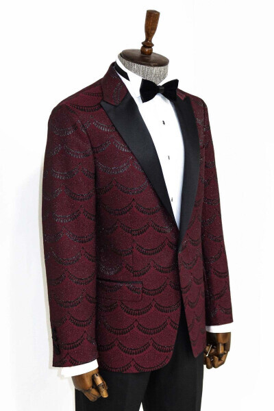Simli Desenli Bordo Erkek Smokin Ceketi - Wessi - Bordo - 5
