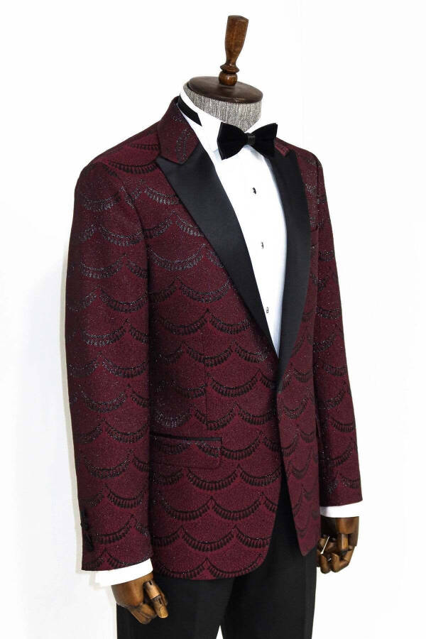 Simli Desenli Bordo Erkek Smokin Ceketi - Wessi - Bordo - 5