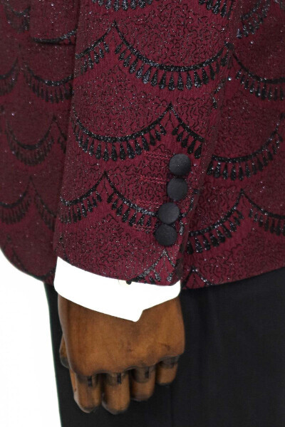 Simli Desenli Bordo Erkek Smokin Ceketi - Wessi - Bordo - 6