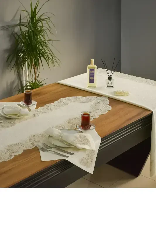 Simli Kelebek 12 Kişilik 26 Parça Fransız Dantelli Çeyizlik Yemek Masa Örtüsü Seti Runner Takımı - ECES DESIGN