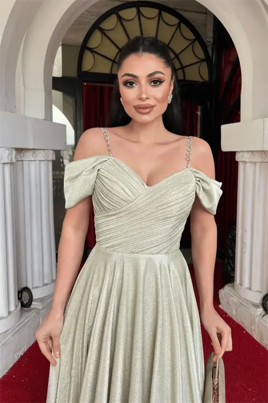 Simli Krep Kumaş Büzgülü Askılı Abiye Elbise - GOLD - 3