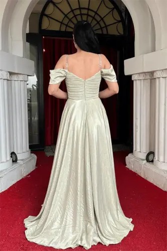 Simli Krep Kumaş Büzgülü Askılı Abiye Elbise - GOLD - 5