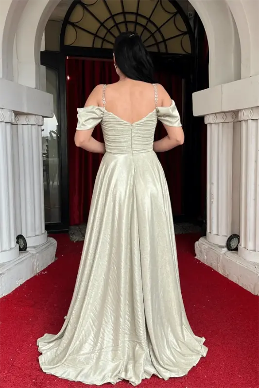 Simli Krep Kumaş Büzgülü Askılı Abiye Elbise - GOLD - 5