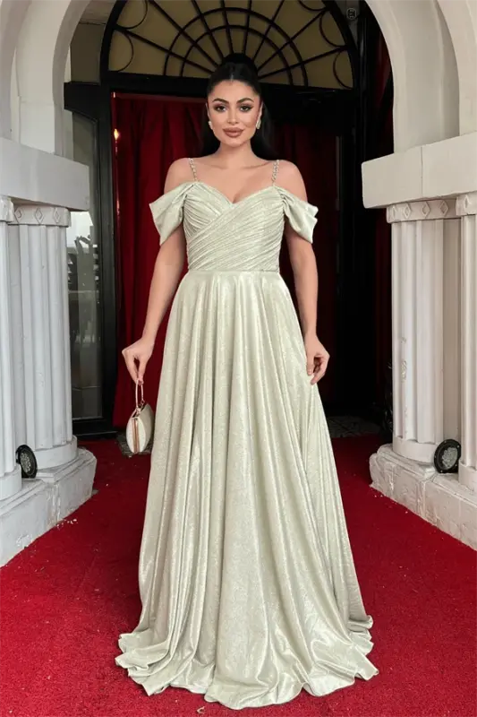 Simli Krep Kumaş Büzgülü Askılı Abiye Elbise - GOLD - BÜYÜKBEDENIZ