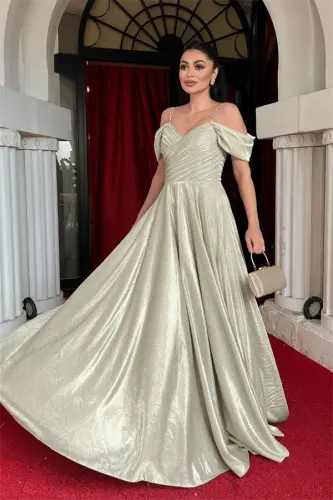 Simli Krep Kumaş Büzgülü Askılı Abiye Elbise - GOLD - BÜYÜKBEDENIZ (1)