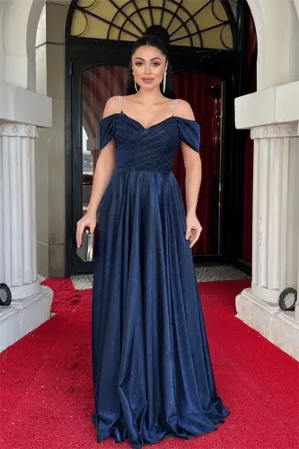 Simli Krep Kumaş Büzgülü Askılı Abiye Elbise - LACİVERT - 1