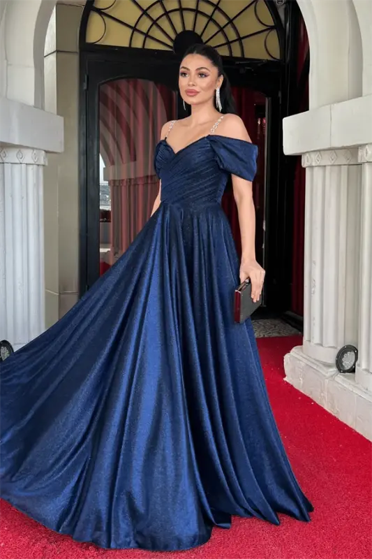 Simli Krep Kumaş Büzgülü Askılı Abiye Elbise - LACİVERT - 2