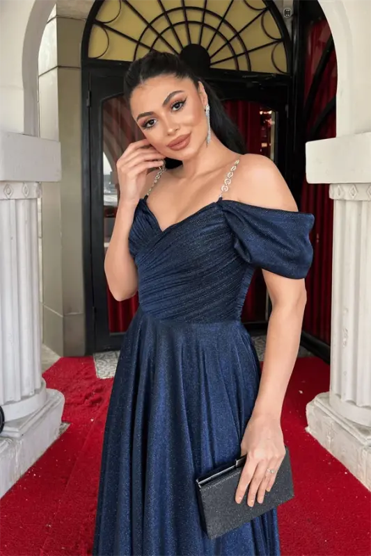 Simli Krep Kumaş Büzgülü Askılı Abiye Elbise - LACİVERT - 4