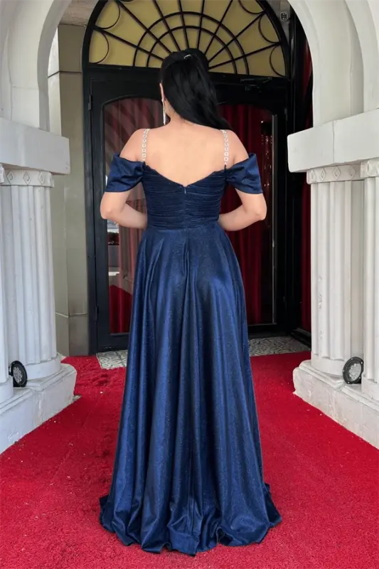 Simli Krep Kumaş Büzgülü Askılı Abiye Elbise - LACİVERT - 5