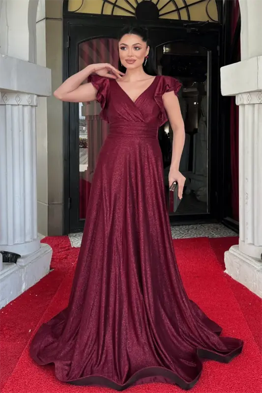 Simli Krep Kumaş Omuz Volanlı Abiye Elbise - BORDO - BÜYÜKBEDENIZ